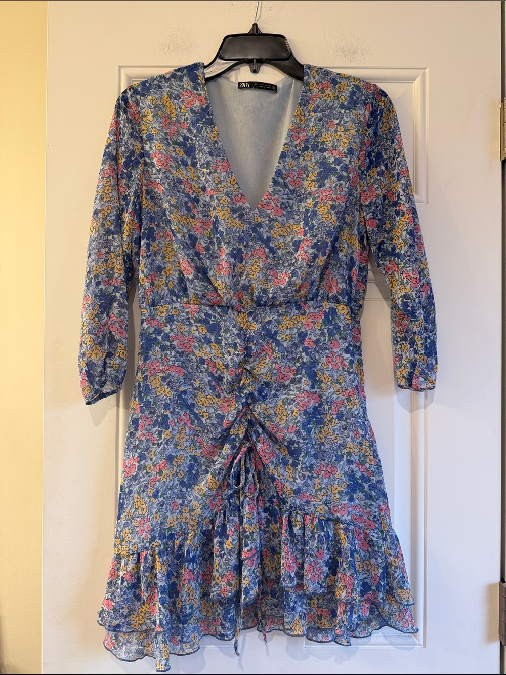 ZARA Blue Floral V-Neck Midi Dress with Ruffle Hem